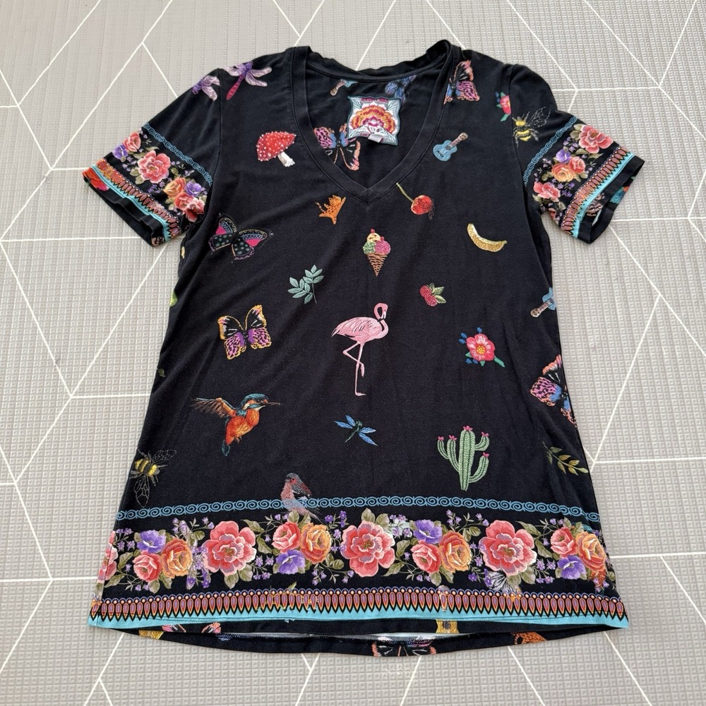 Johnny Was Zooey Black Whimsical Graphic Short Sleeve Tee Size XS
